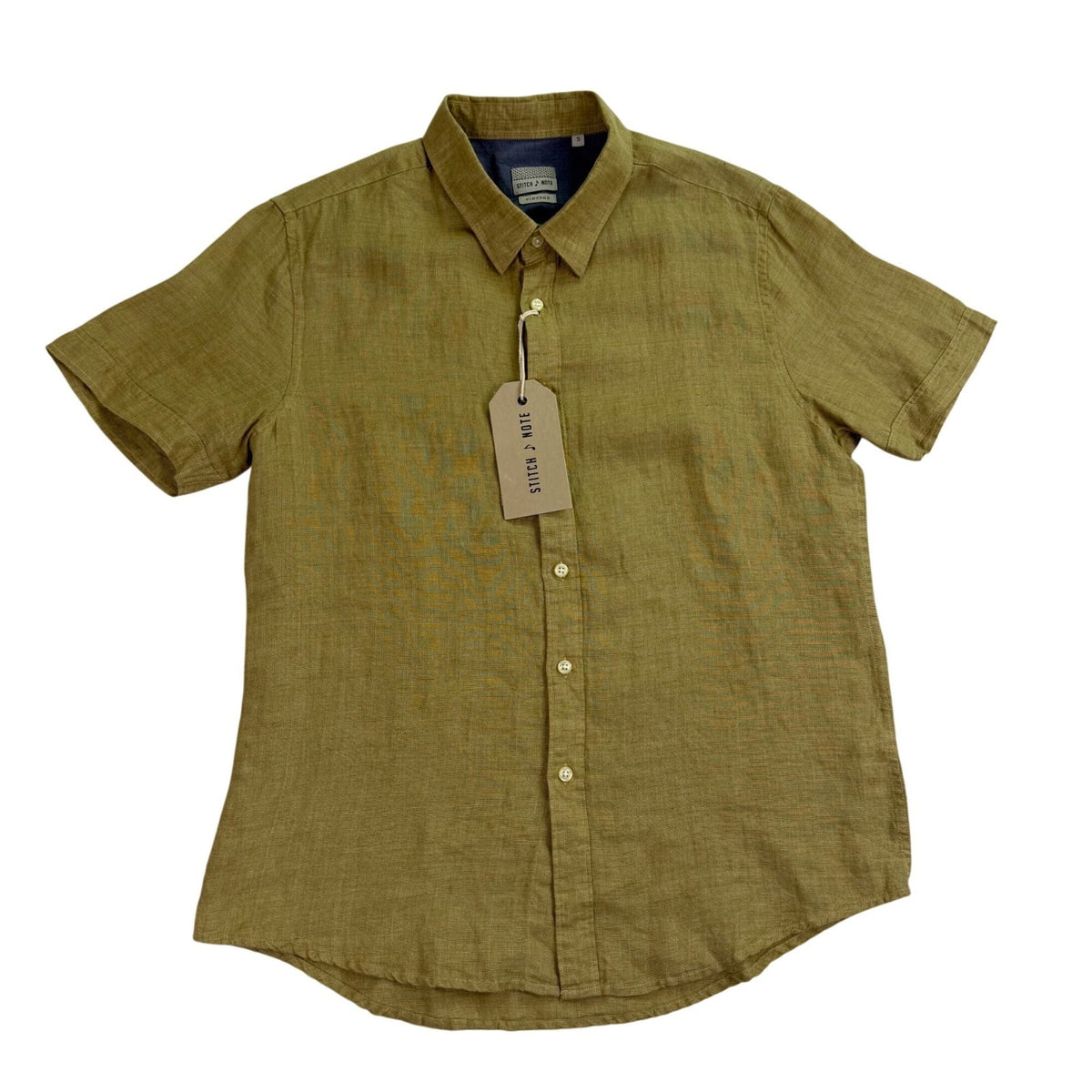 Stitch Note Mens Olive Linen Button-Up Shirt Short Sleeve Lightweight Sz S - New