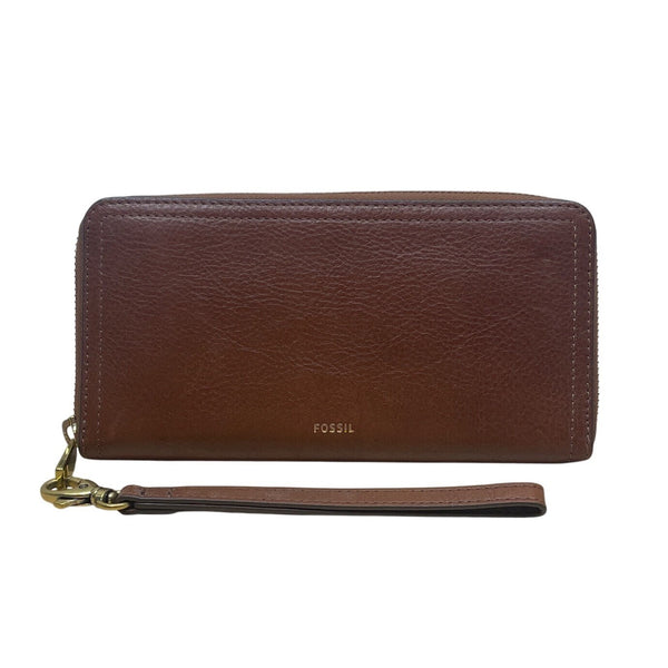 Fossil Brown Leather Zippered RFID Card Slots Coin Pocket Wristlet Wallet Size M