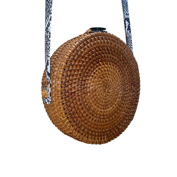 Romeo Roma Women’s Brown Rattan Woven Python Strap Detail Round Crossbody Bag