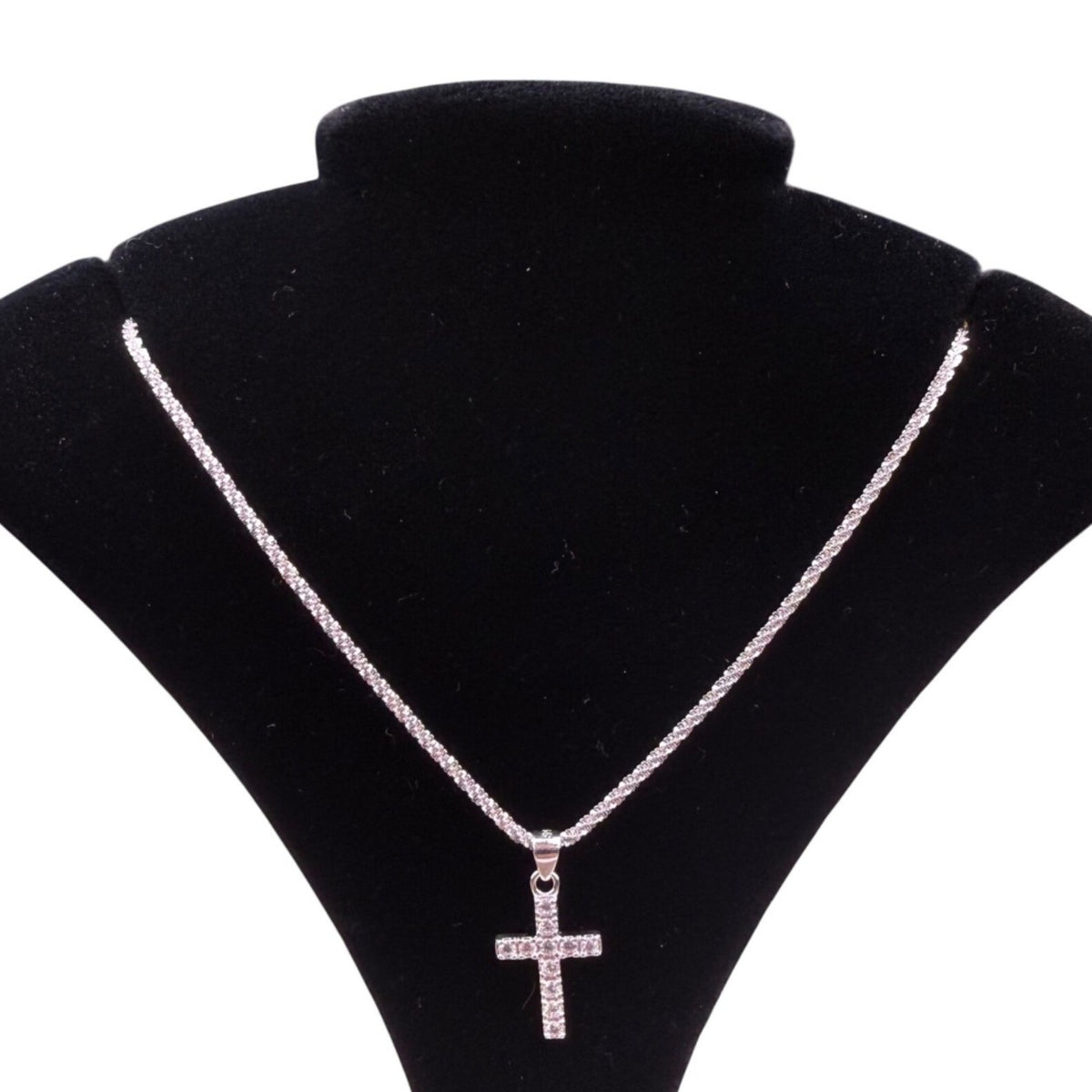 Sterling Silver Womens Cross Pendant Necklace Adjustable Chain Sparkling Design