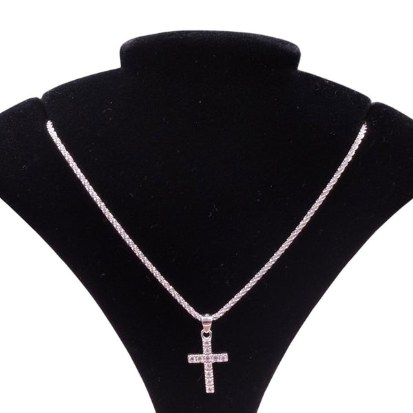 Sterling Silver Womens Cross Pendant Necklace Adjustable Chain Sparkling Design