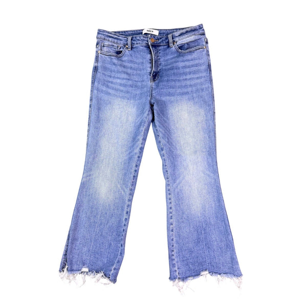 Mica Womens Blue Denim Frayed Hem Flared Jeans Comfortable Stretch Size 31
