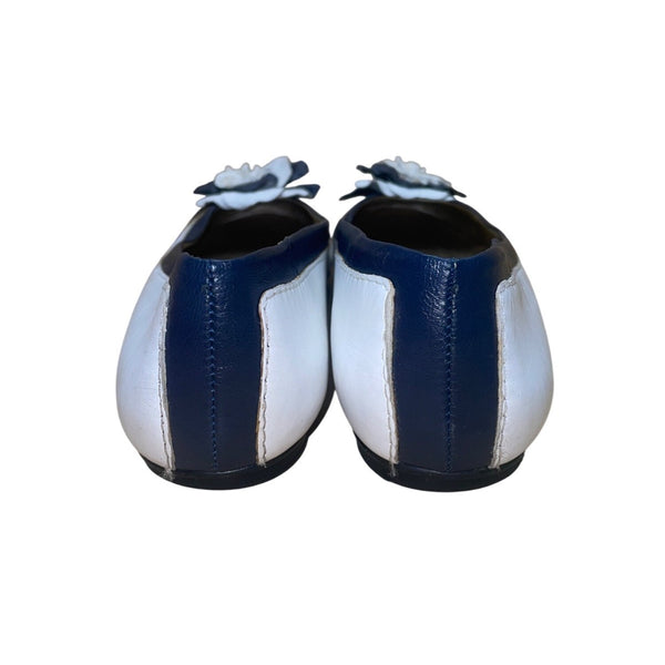 FS/NY Women’s White & Navy Leather Slip-On Floral Accent Ballet Flats Size 9
