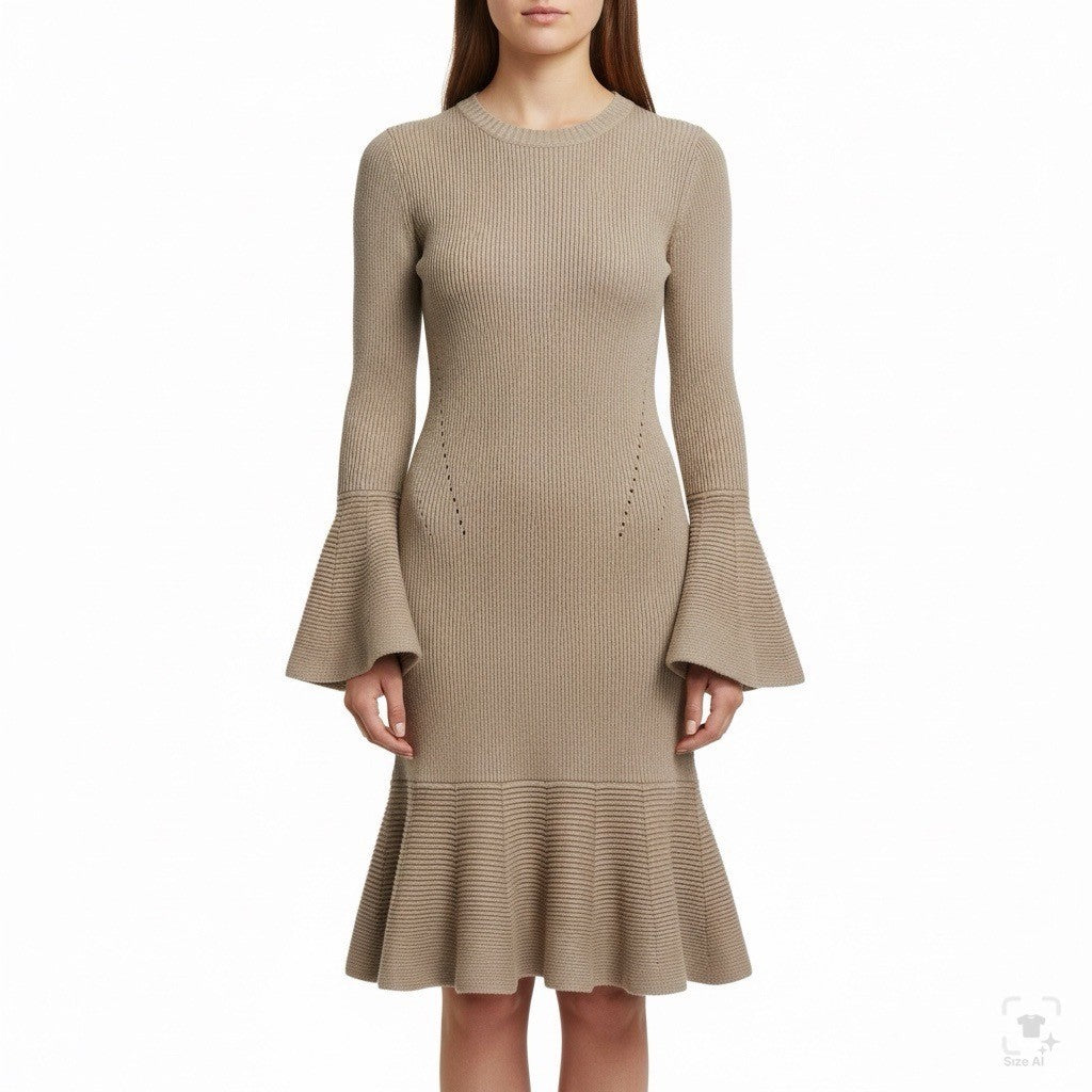 Boston Proper Womens Taupe Cotton Rayon Knit Dress Bell Sleeves Fit & Flare Sz X