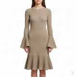 Boston Proper Womens Taupe Cotton Rayon Knit Dress Bell Sleeves Fit & Flare Sz X