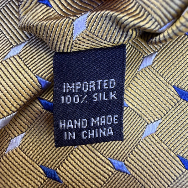 Jos. A. Bank Mens Yellow & Blue 100% Silk Handmade Geometric Print Necktie