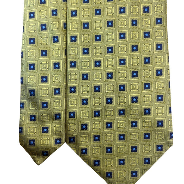 Brooks Brothers Mens Gold & Blue 100% Silk Patterned Geometric Design Tie
