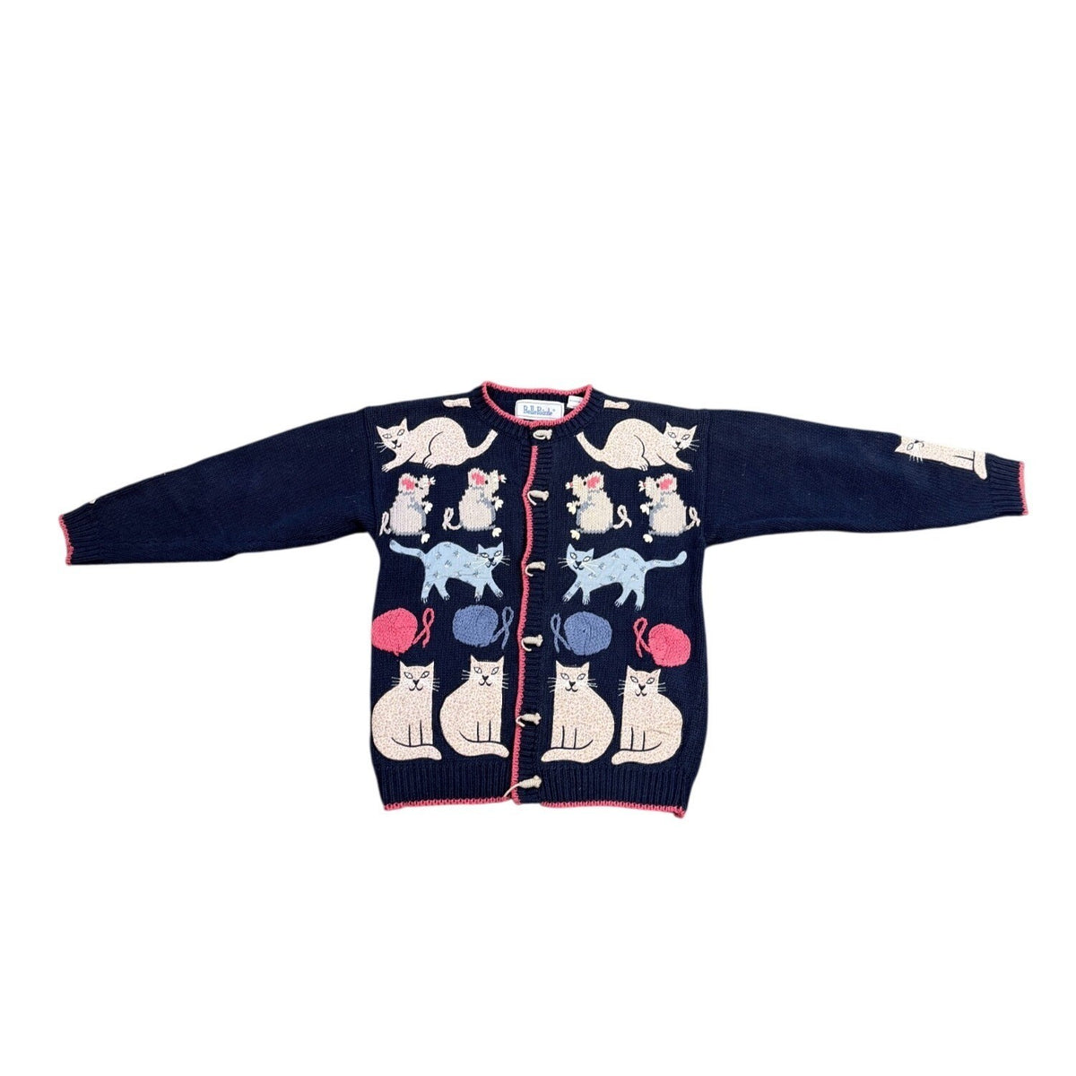 Bellepointe Womens Navy Cotton Ramie Cat Graphic Cardigan Sweater Knit Size S