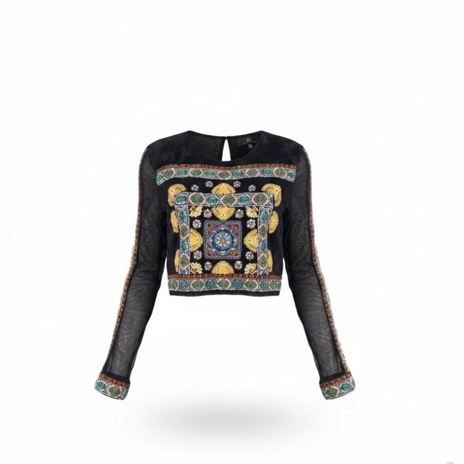 Missguided Womens Black Embroidered Sheer Crop Top UK Size 10