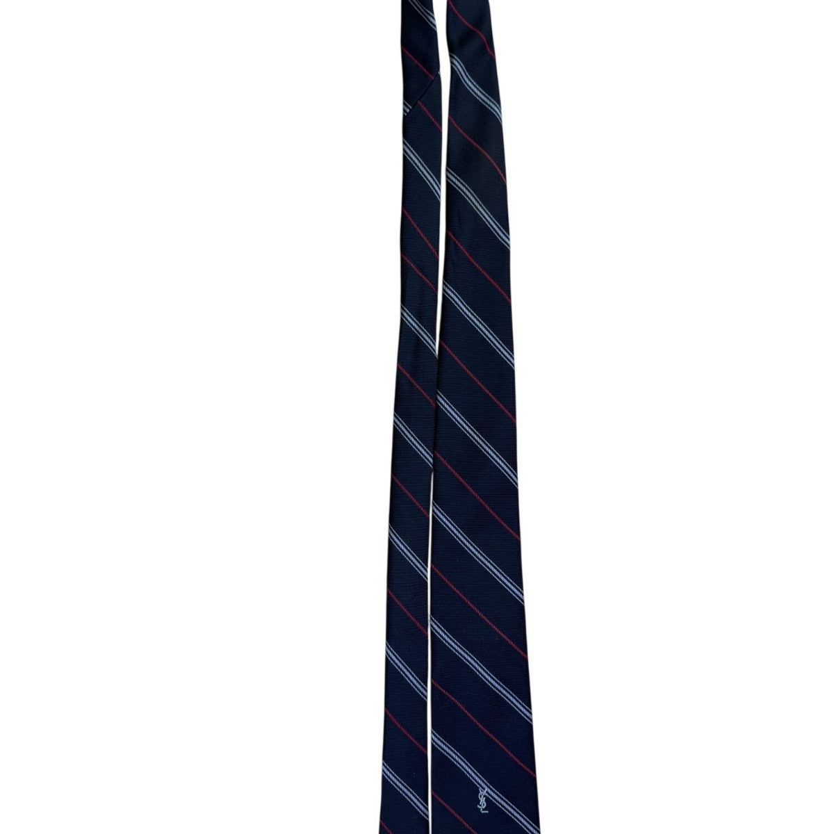 Y Saint Laurent Mens Navy Silk Tie Striped Pattern Red & White Accents