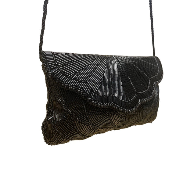 André Cellini Women’s Black Beaded Elegant Scallop Design Formal Crossbody Bag
