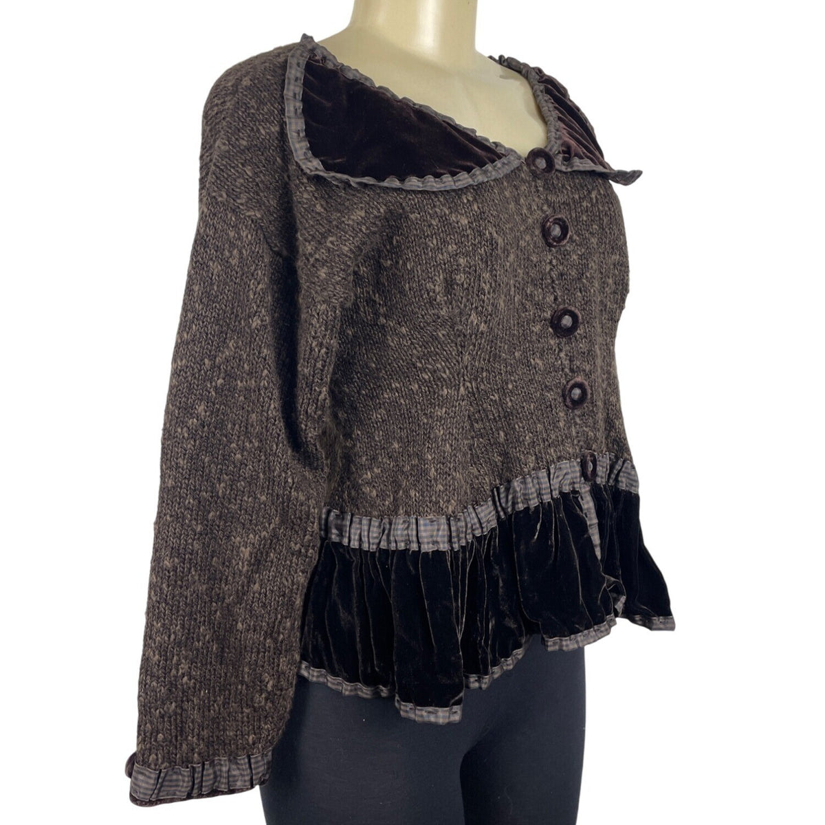 Vintage Hot Knots Button-Up Sweater Jacket With Velvet Trim & Peplum Hem