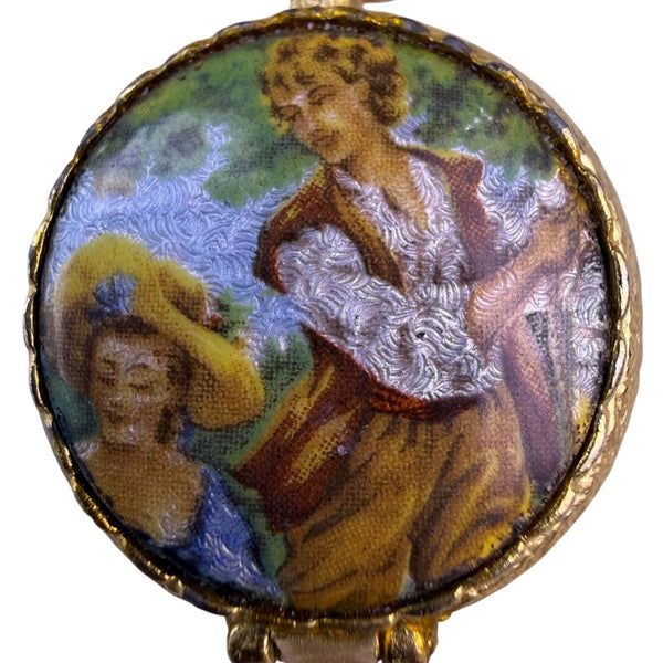 Vintage Gold Tone Enameled Womens Locket Brooch Hand-Painted Pastoral Scene Bow