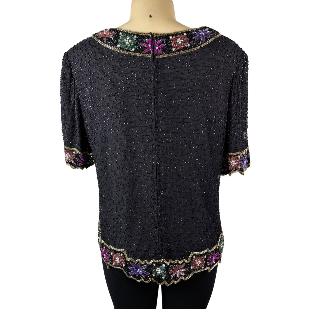 Lawrence Kazar Womens Black Beaded Silk  Jacket & Top Floral Embellished Sz 2X