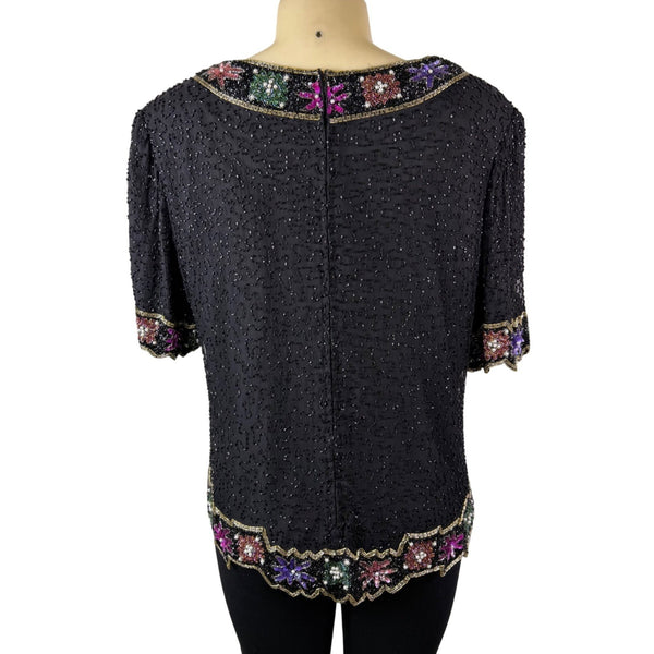 Lawrence Kazar Womens Black Beaded Silk  Jacket & Top Floral Embellished Sz 2X