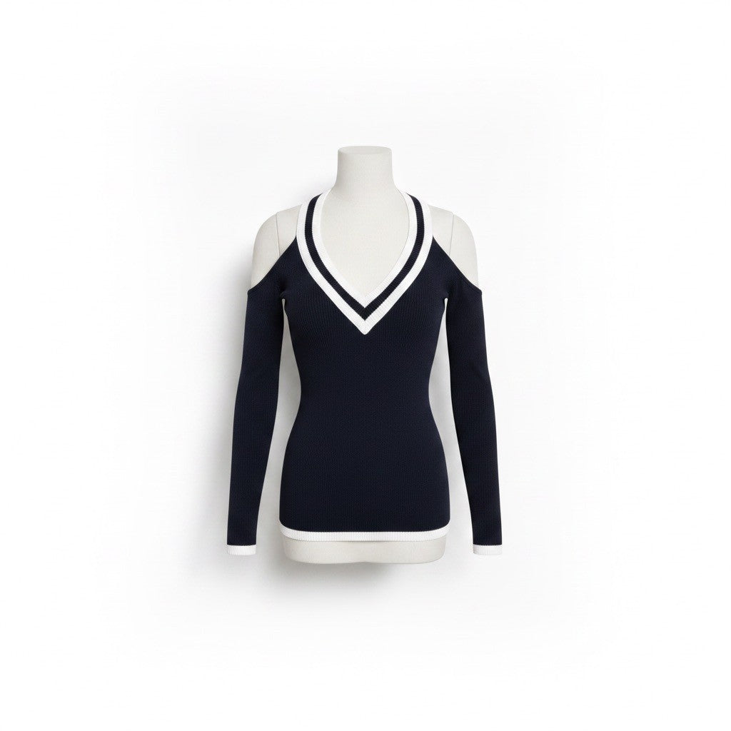Bailey/44 Womens Navy  Cold Shoulder Sweater V-Neck Long Sleeve Trim Sz S
