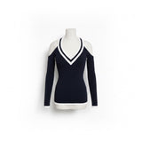 Bailey/44 Womens Navy  Cold Shoulder Sweater V-Neck Long Sleeve Trim Sz S