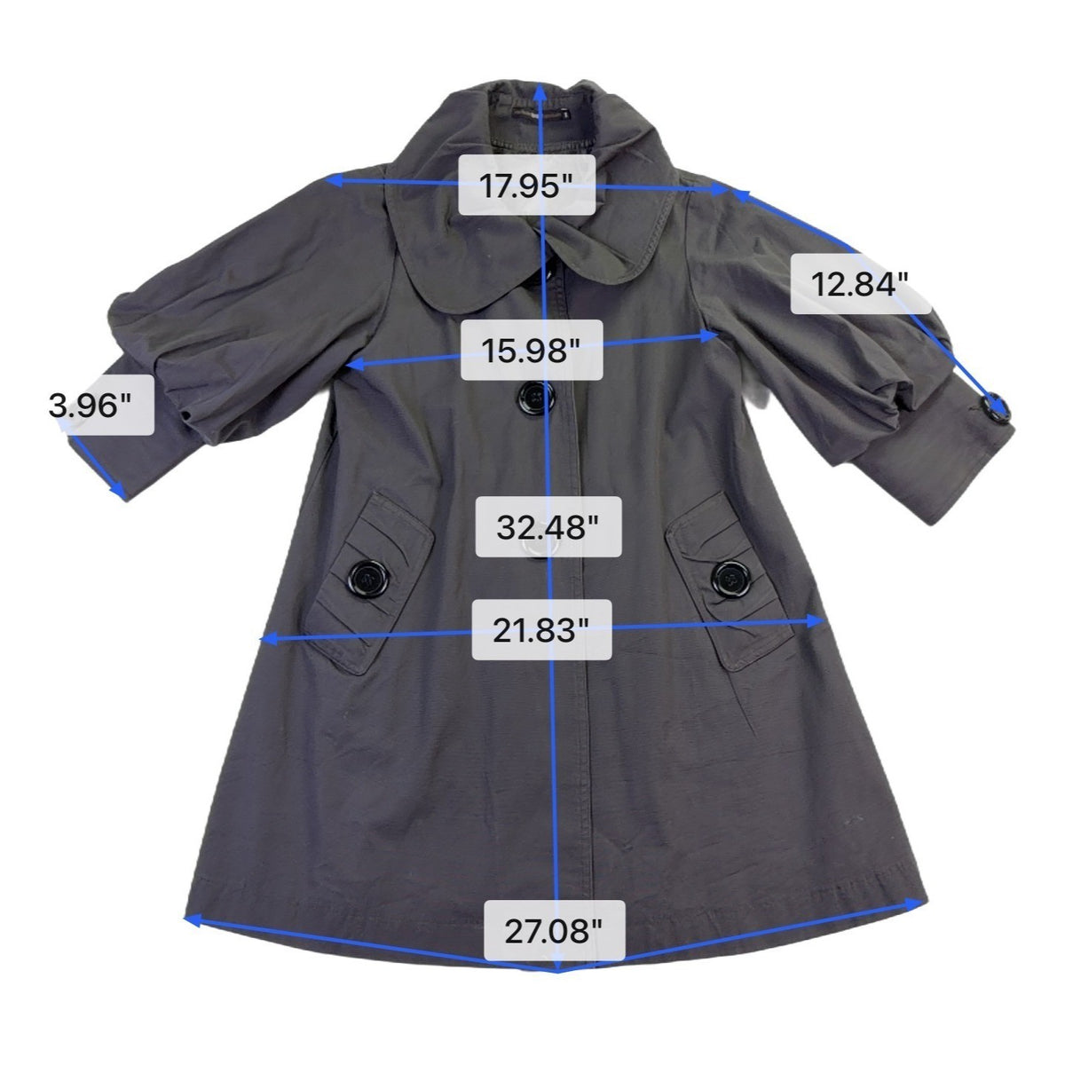 Hazelhazel Women Gray Cotton Puff Sleeve Trench Coat Button Front Size S