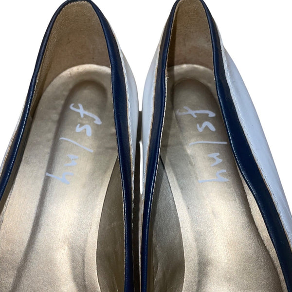 FS/NY Women’s White & Navy Leather Slip-On Floral Accent Ballet Flats Size 9