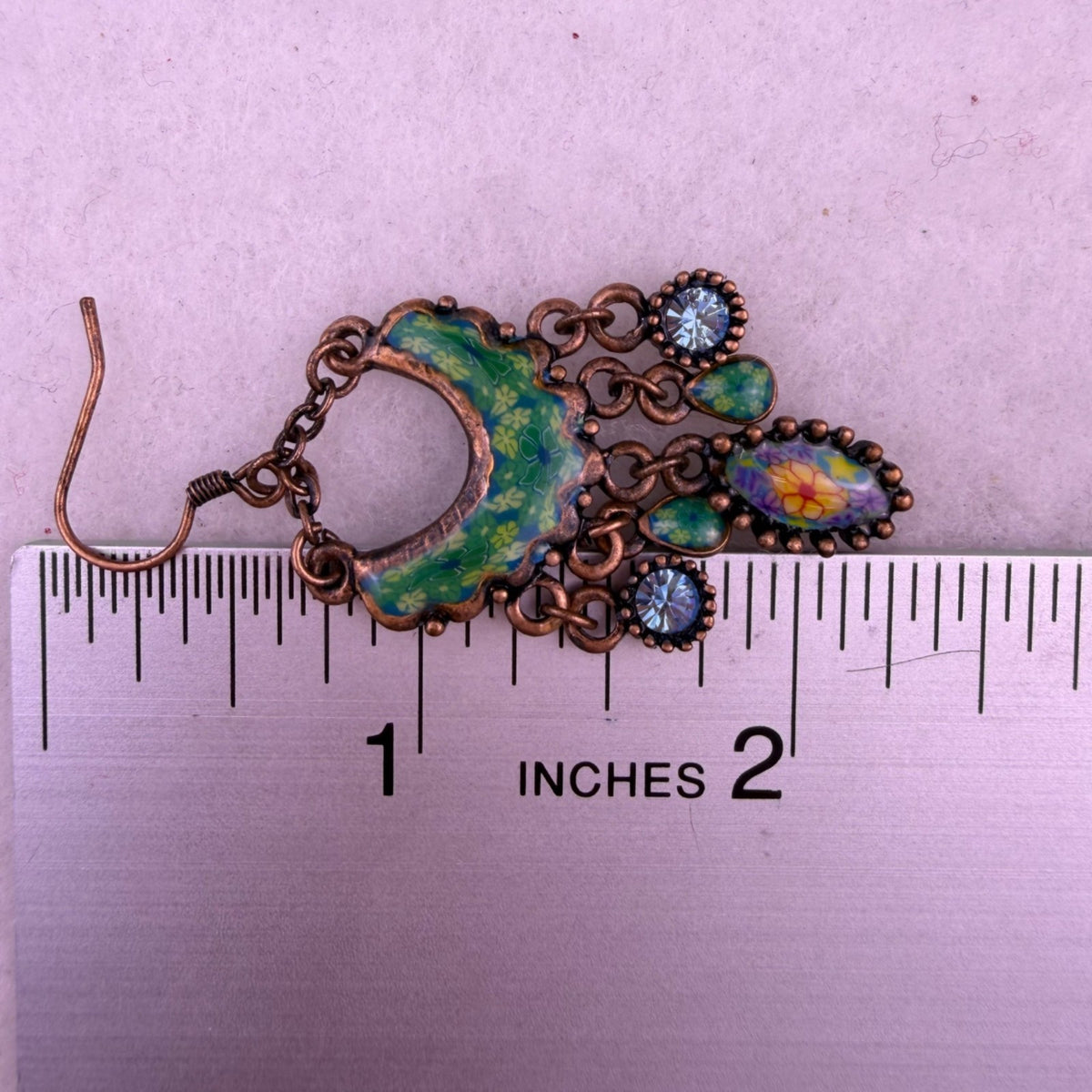 Vintage Copper Tone Womens Chandelier Earrings Green Floral Glass Accents