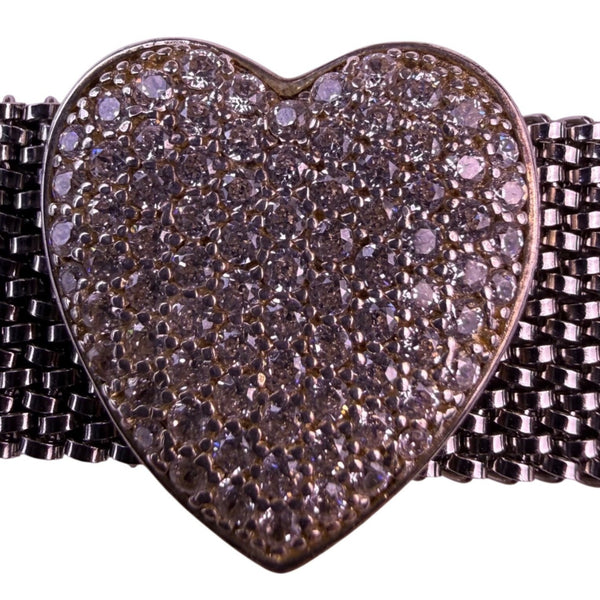Stainless Steel Women Silver Tone Heart Bracelet With Sterling Silver Accents