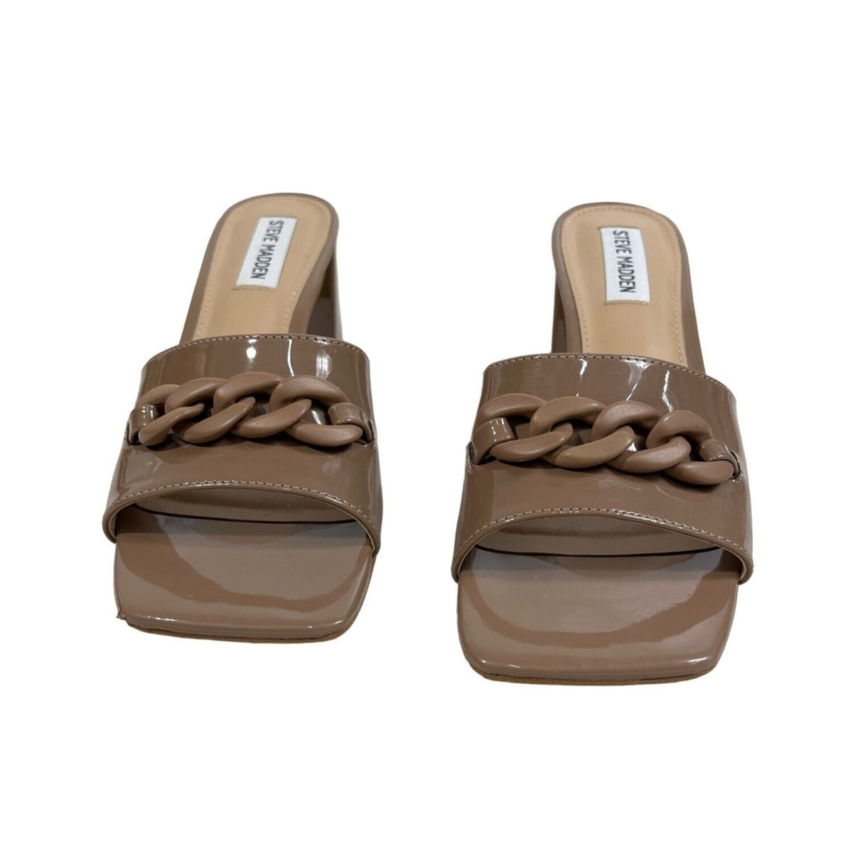 Steve Madden Women's Tan Patent Rego High Heels Slide Sandals With Chain Hardwar