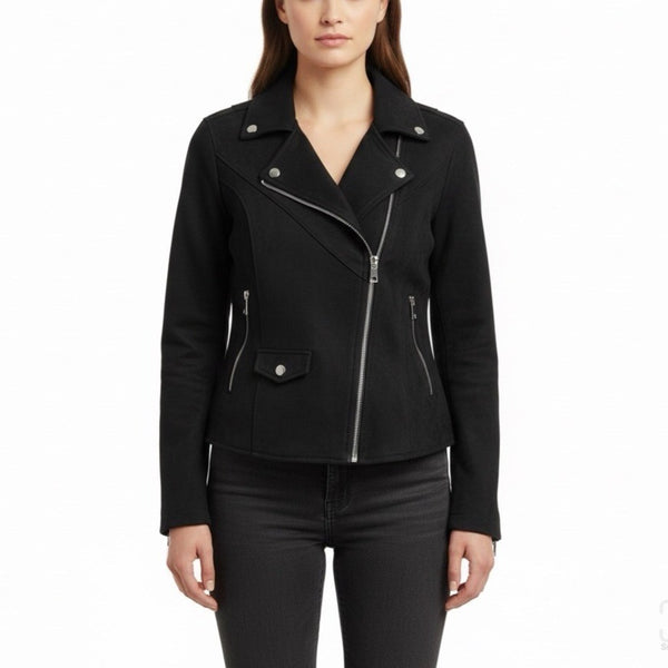 Bellivera Womens Black Polyester Suede Moto Jacket Zippered Pockets Sz S