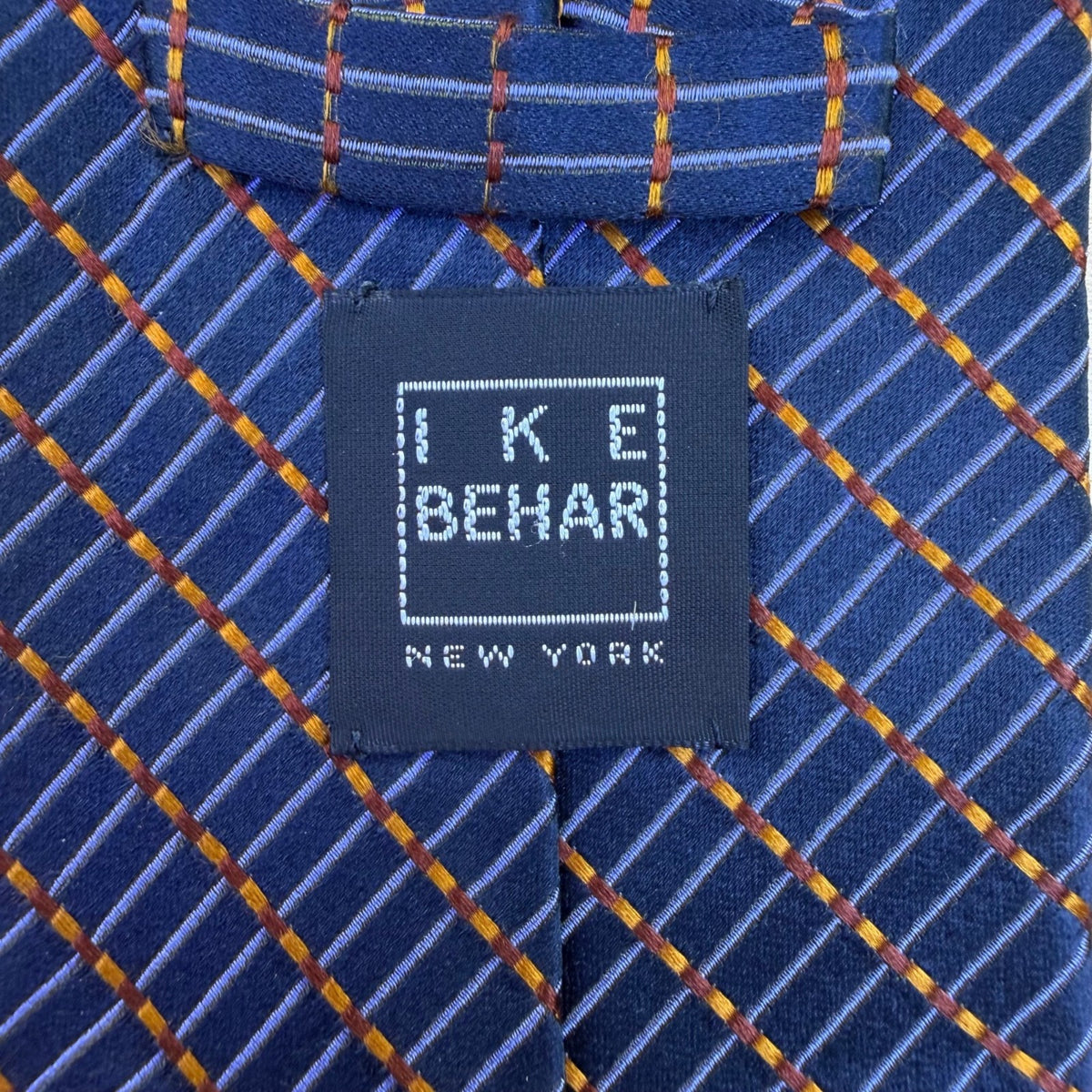 Ike Behar Mens Navy Silk Tie Geometric Plaid Design 59" Long Business Formal
