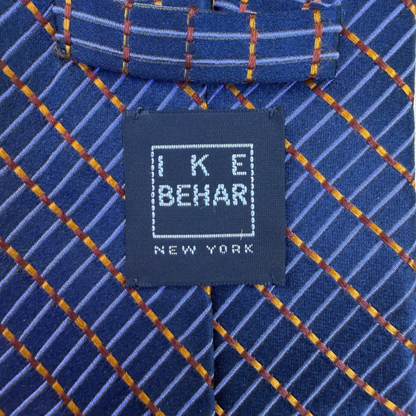 Ike Behar Mens Navy Silk Tie Geometric Plaid Design 59" Long Business Formal