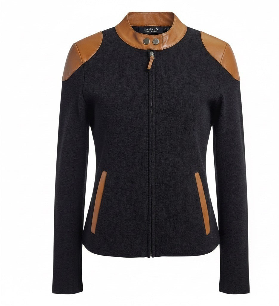 Lauren Ralph Lauren Womens Black Faux Leather-Trim Jacket Zipper Size S