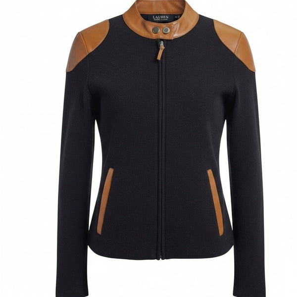 Lauren Ralph Lauren Womens Black Faux Leather-Trim Jacket Zipper Size S