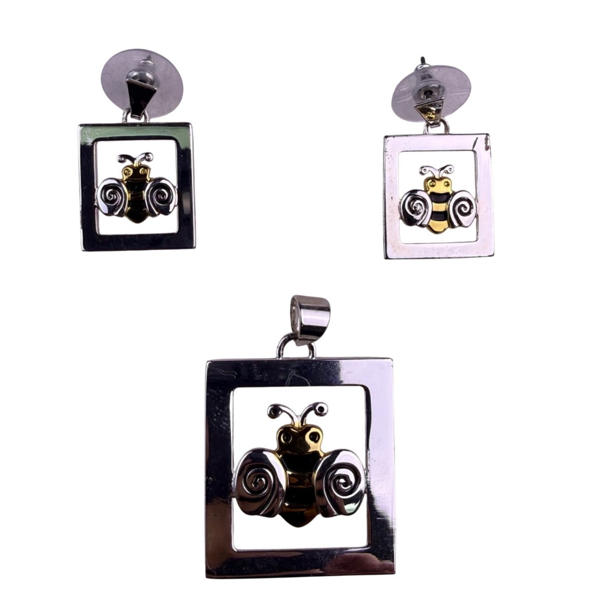 Silver Tone & Gold Tone Womens Bumble Bee Pendant & Earrings Set Signed Bst