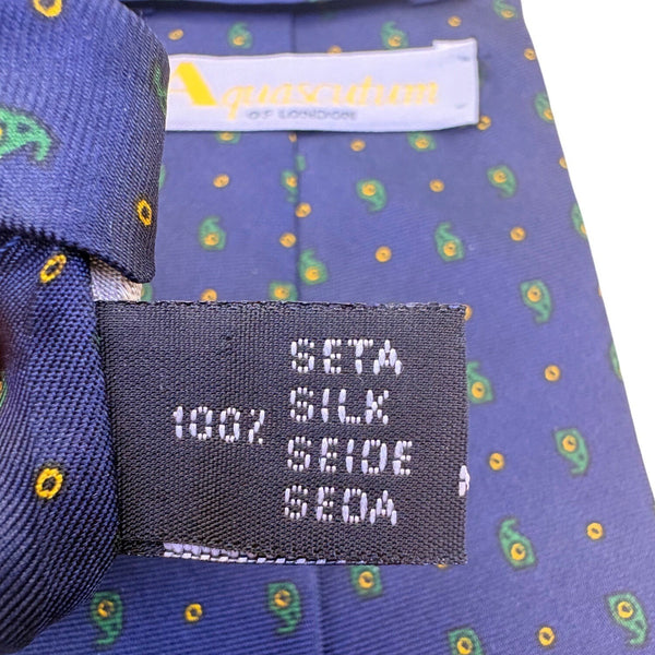 Aquascutum Mens Blue Silk Tie Green Paisley Pattern Lightweight Elegant Design