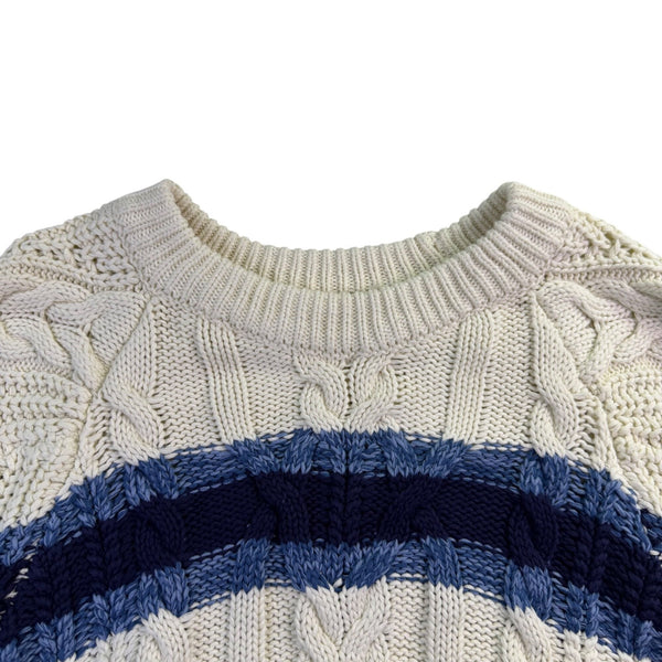 Free People Womens Ivory & Navy Cable Knit Crew Neck Sweater Striped Size S