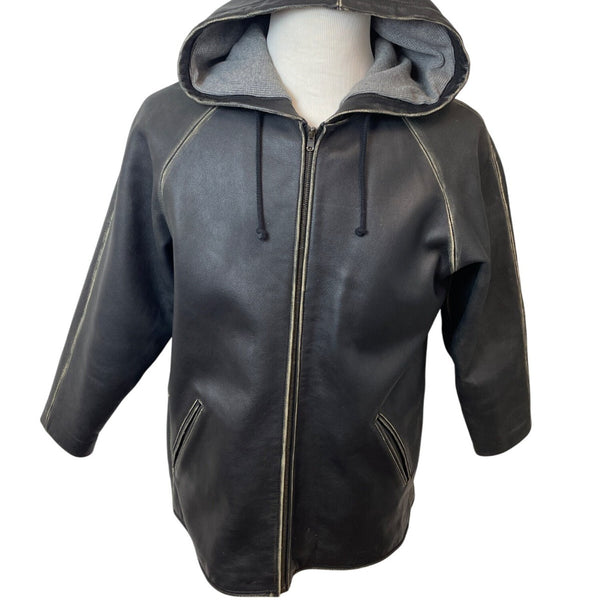 Fitigueso Men's Black Leather Hoodie With Washed Seam Size M