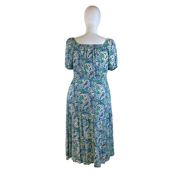 Loft Womens Blue Floral Rayon Smocked Midi Dress Size Large Short Sleeve - New