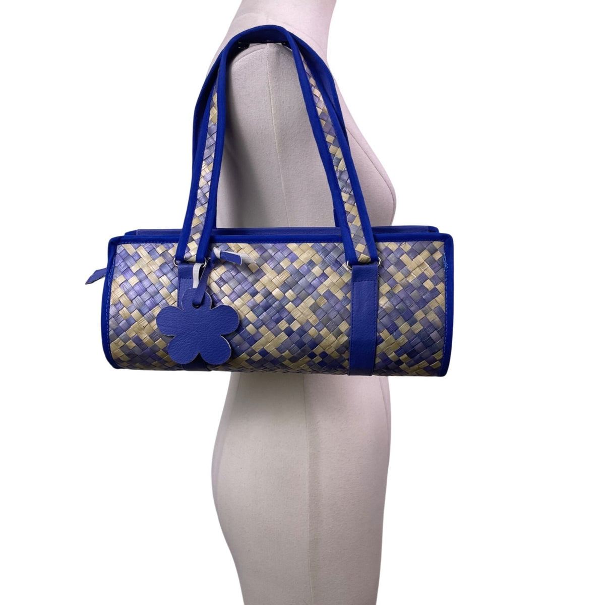Woven Tote Bag Blue & Beige Checkered Pattern Flower Charm Detailing Handles