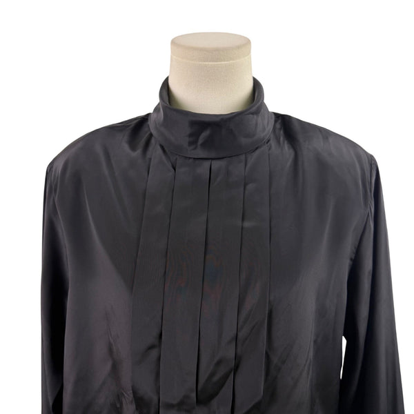 Womens Black Polyester Mock Neck Pleated Blouse Button Back Long Sleeve Size 14W