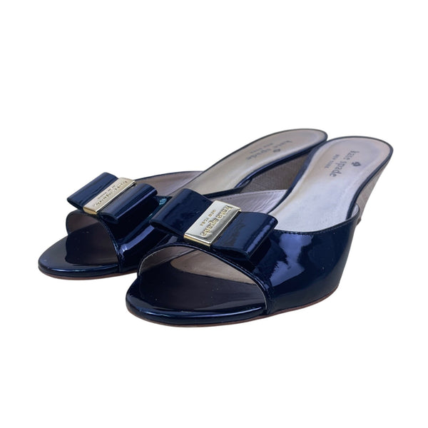 Kate Spade Women’s Black Patent Natural Raffia Bow Dixie Wedge Sandals Size 7.5M