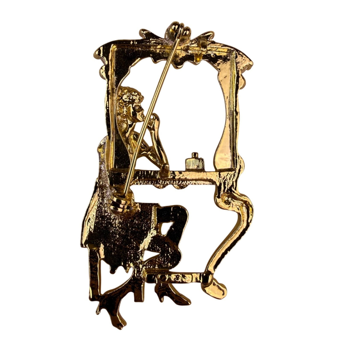Vintage AJC Gold Tone Woman Vanity Mirror Brooch Signed Ornate Design Jewelry