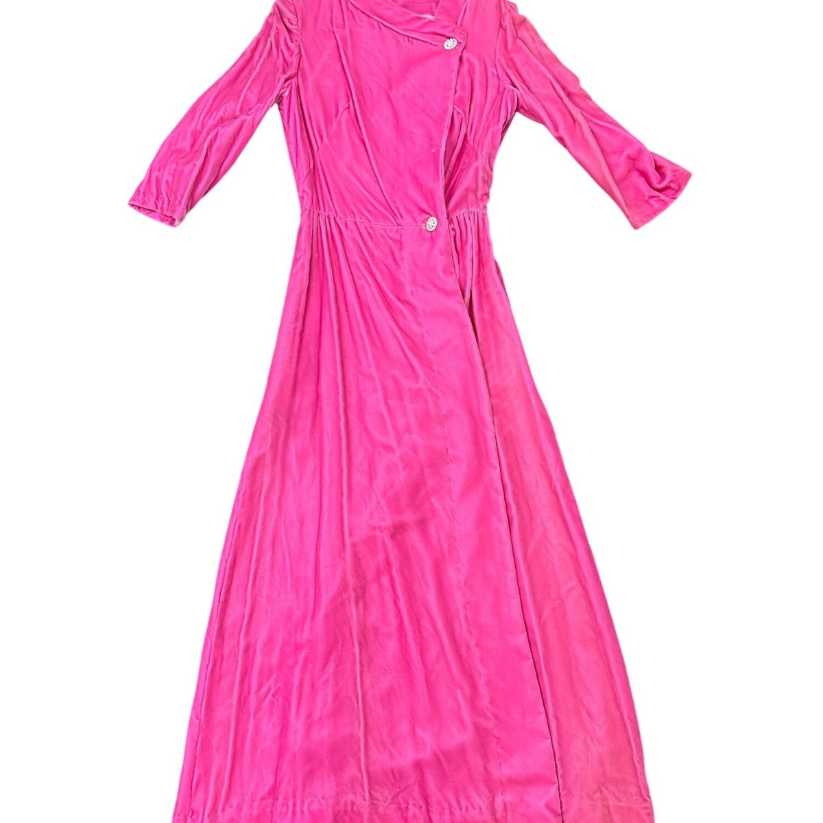 Vintage Womens Pink Velvet Long Sleeve Maxi Dress With Rhinestone Buttons