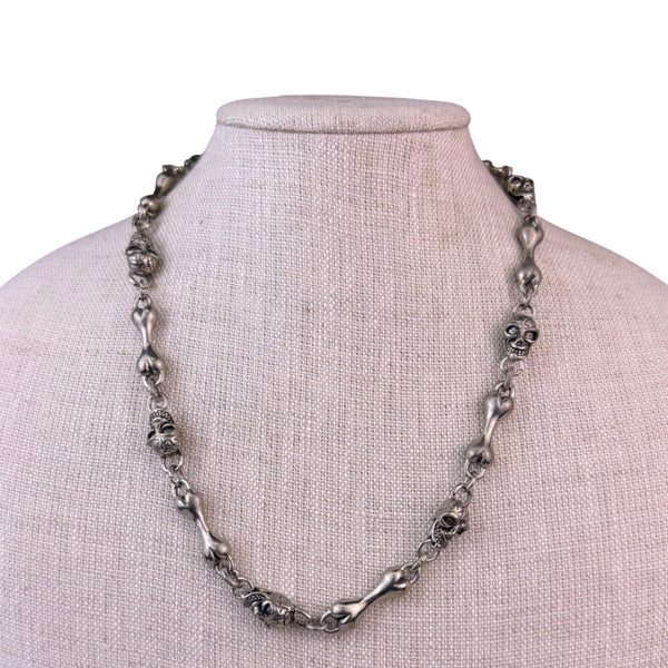 Silver Tone Unisex Skull & Bone Necklace Gothic Metallic Chain Costume Jewelry