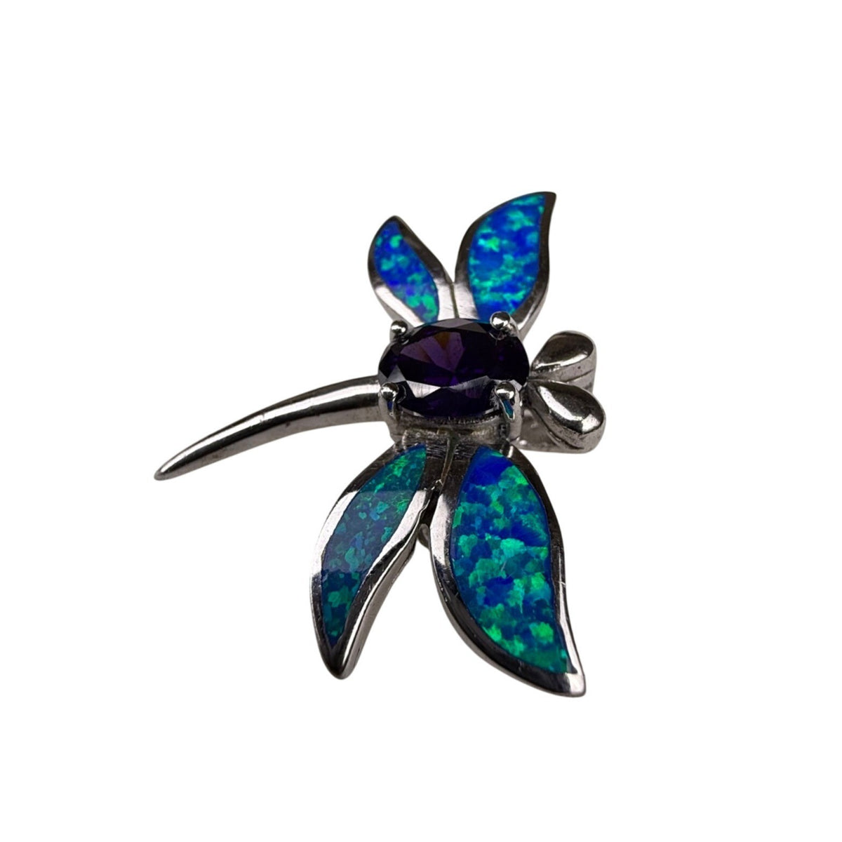 Sterling Silver Dragonfly Pin Brooch With Inlaid Blue Green Opal & Purple Stone