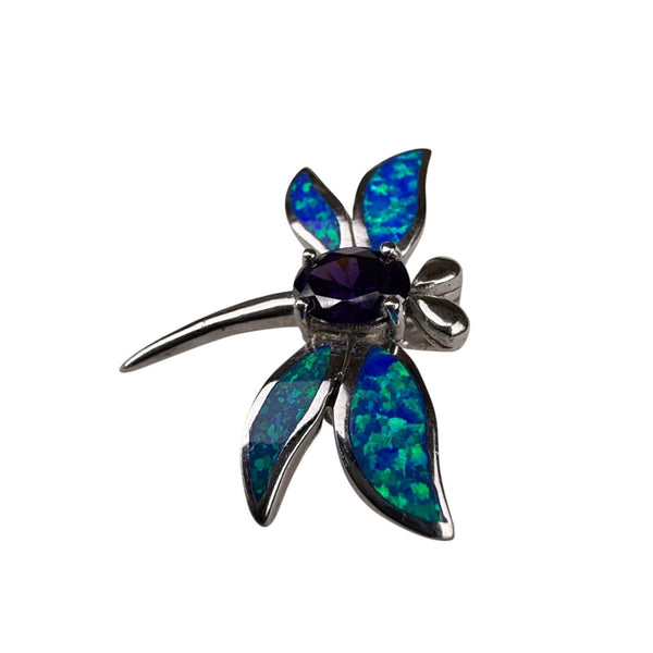 Sterling Silver Dragonfly Pin Brooch With Inlaid Blue Green Opal & Purple Stone