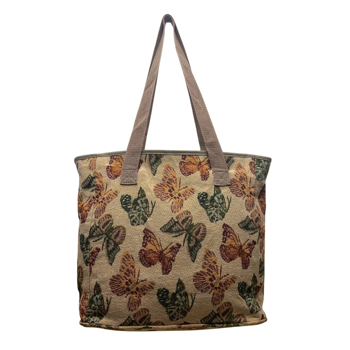 J Garden Unisex Beige Fabric Butterfly Pattern Zipper Closure Tote Bag