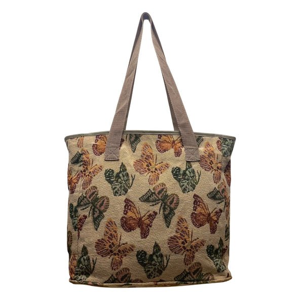 J Garden Unisex Beige Fabric Butterfly Pattern Zipper Closure Tote Bag