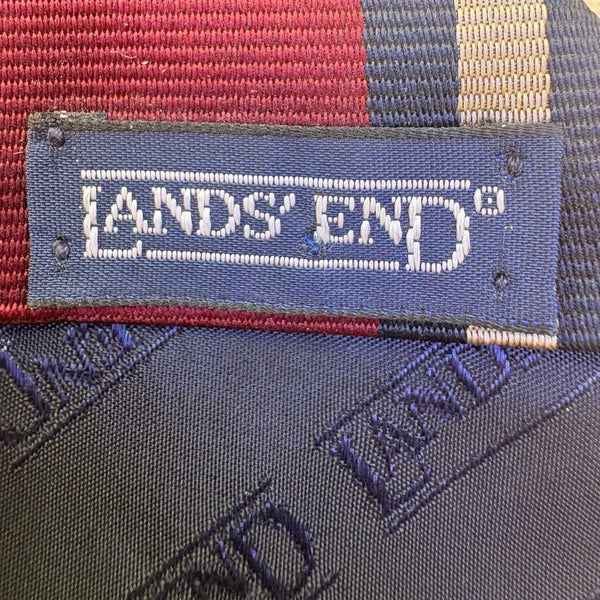 Lands End Mens Burgundy Navy & White 100% Silk Striped Tie Handsewn Classic