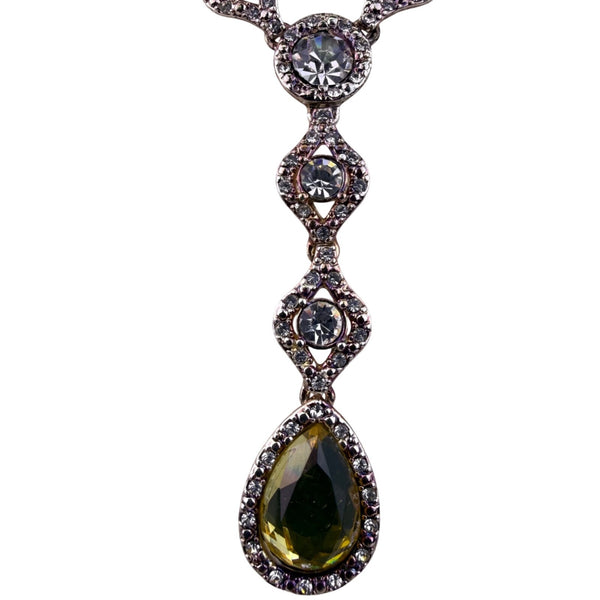 Silver Tone Womens Necklace With Crystals & Teardrop Yellow Gem Statement
