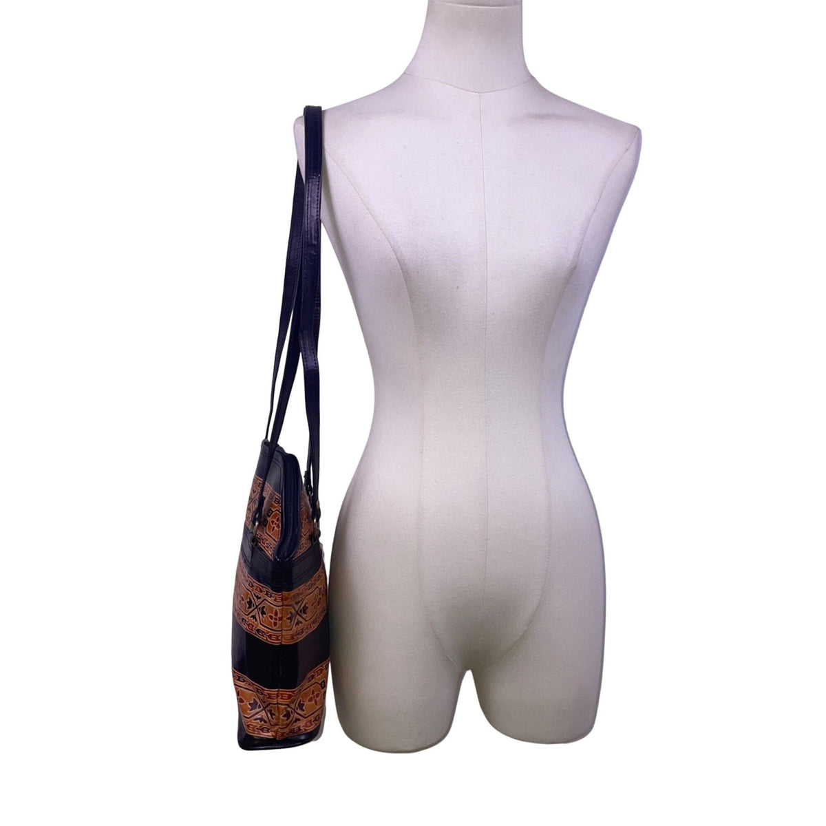 Women’s Black Brown Leather Patterned With Dual Shoulder Straps Tote Bag