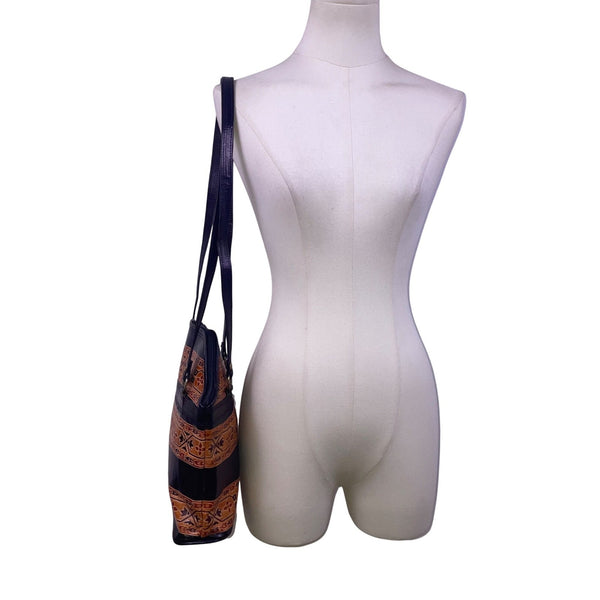 Women’s Black Brown Leather Patterned With Dual Shoulder Straps Tote Bag